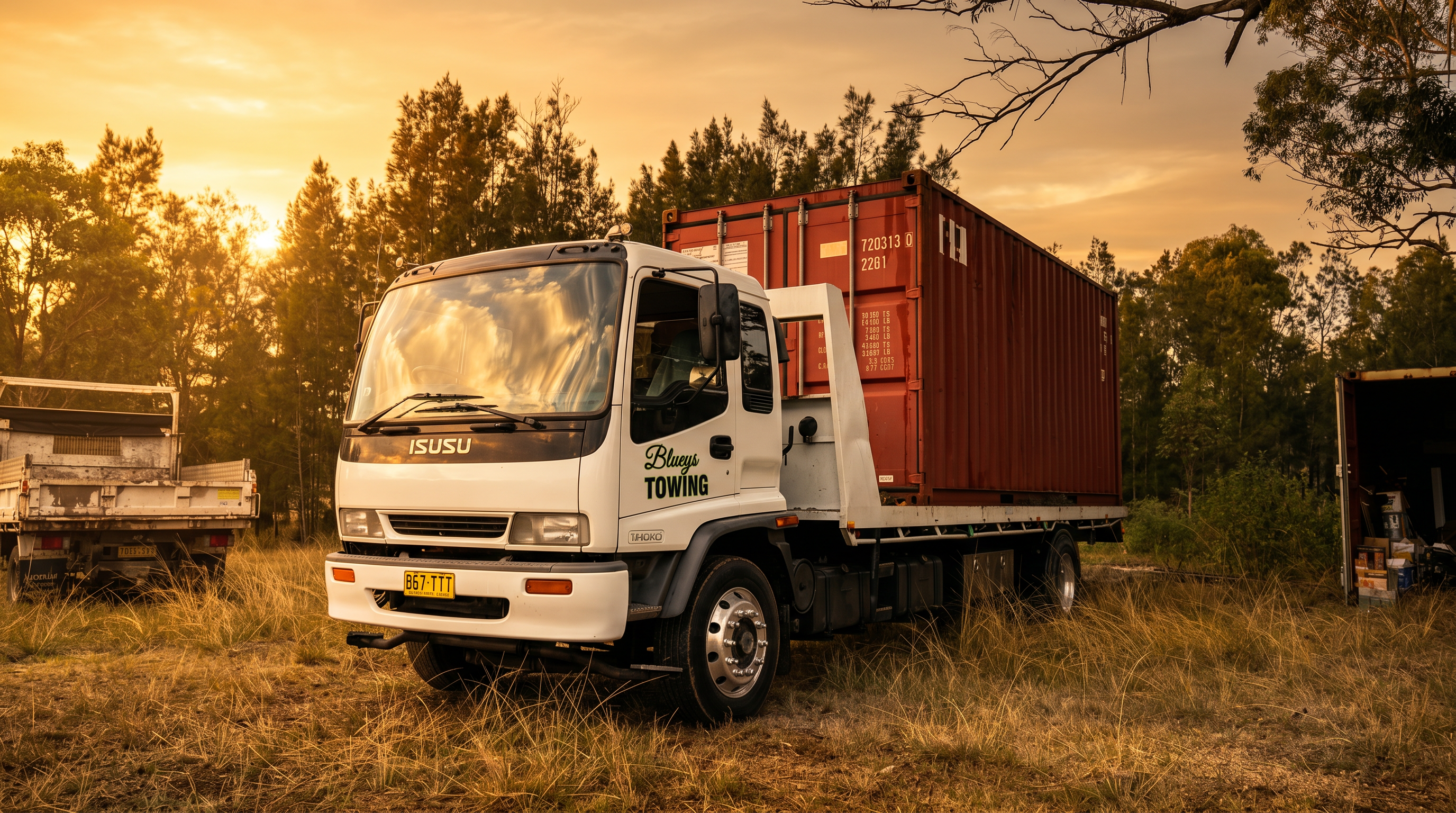 Blueys Towing truck with shipping container — golden hour