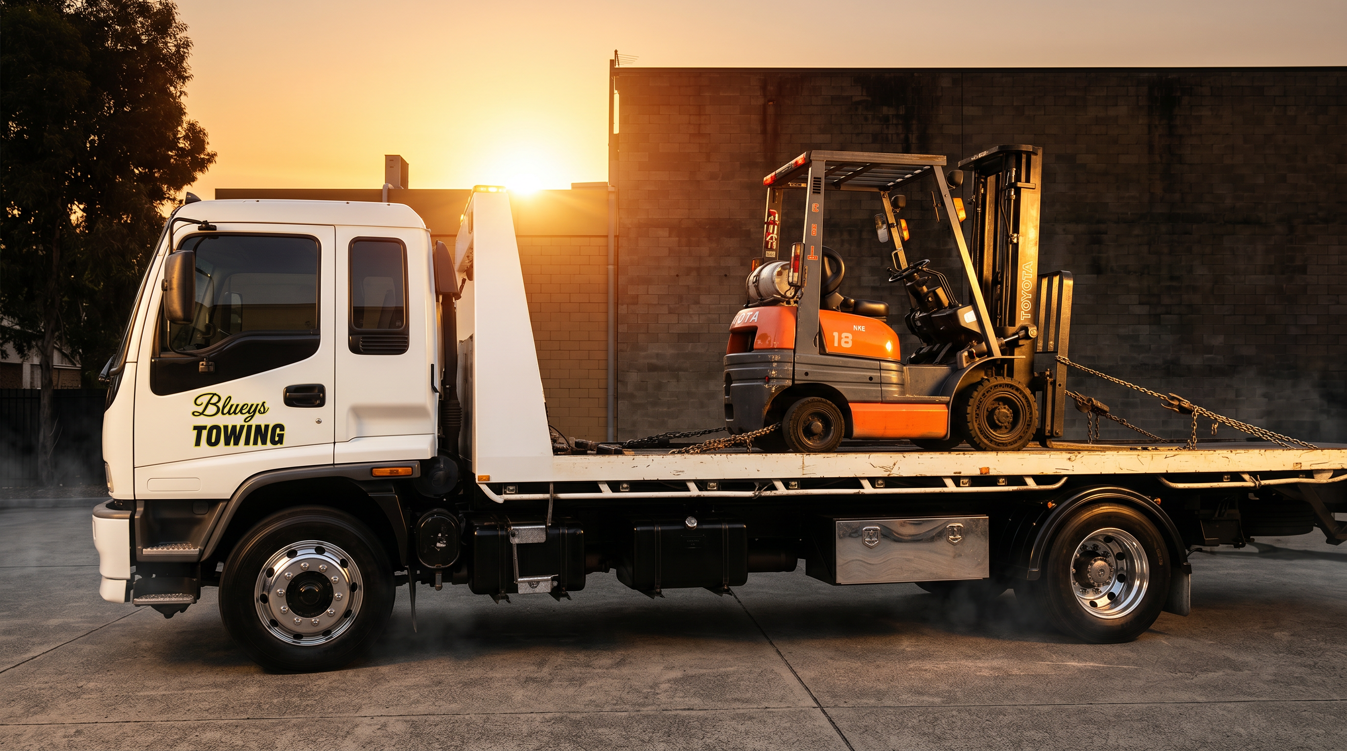 Blueys Towing carrying a forklift at sunset — Blue Mountains
