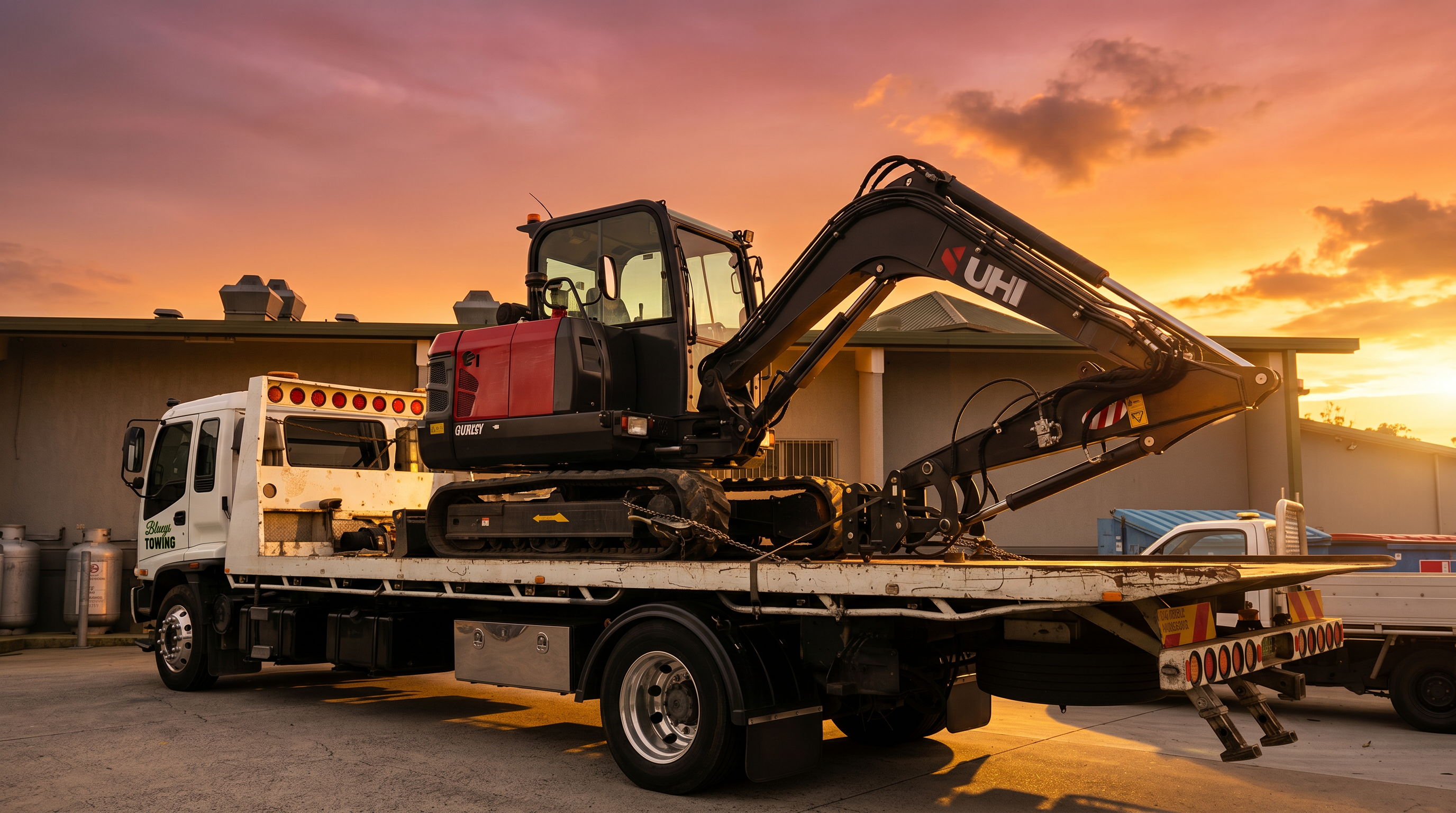 Blueys Towing carrying heavy machinery at sunset — Blue Mountains